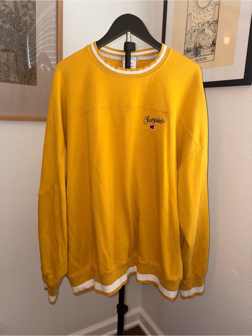 Champion Mustard Yellow Crewneck Sweatshirt with White Trim and Cursive Logo